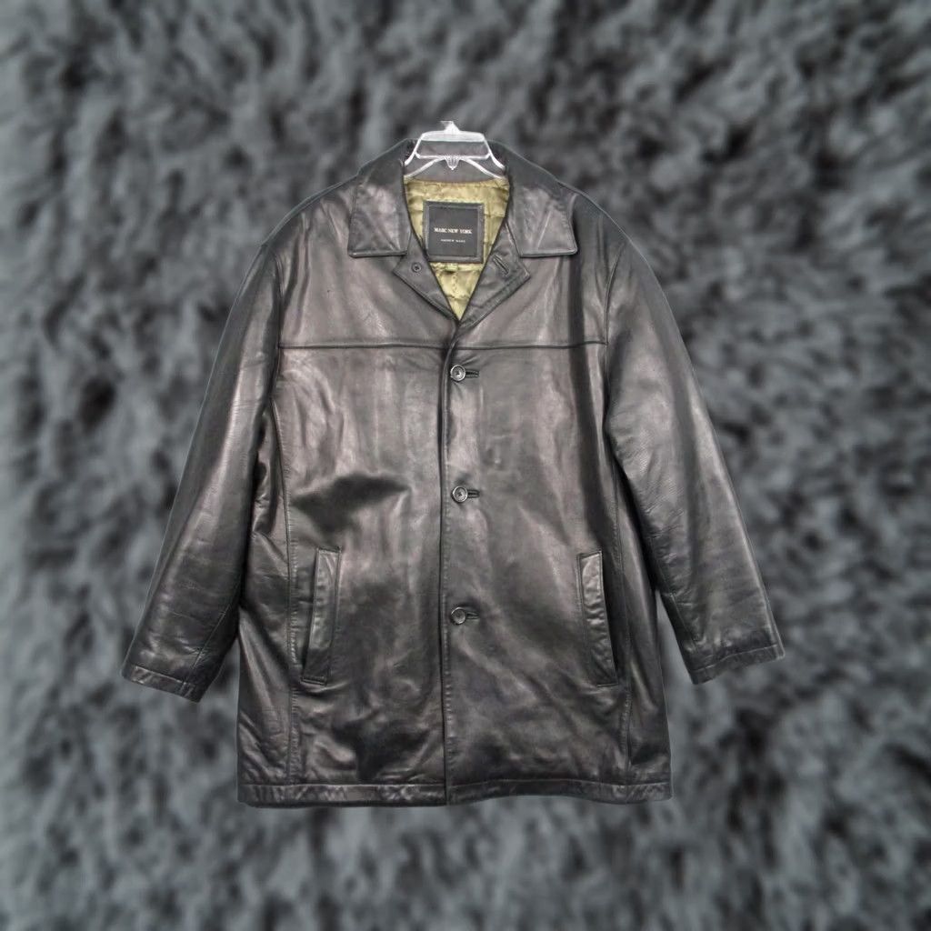 Vintage Marc New York Overcoat Mens L Black Leather Quilted Lined Pockets Button Coat Size US L / EU 52-54 / 3 - 1 Thumbnail