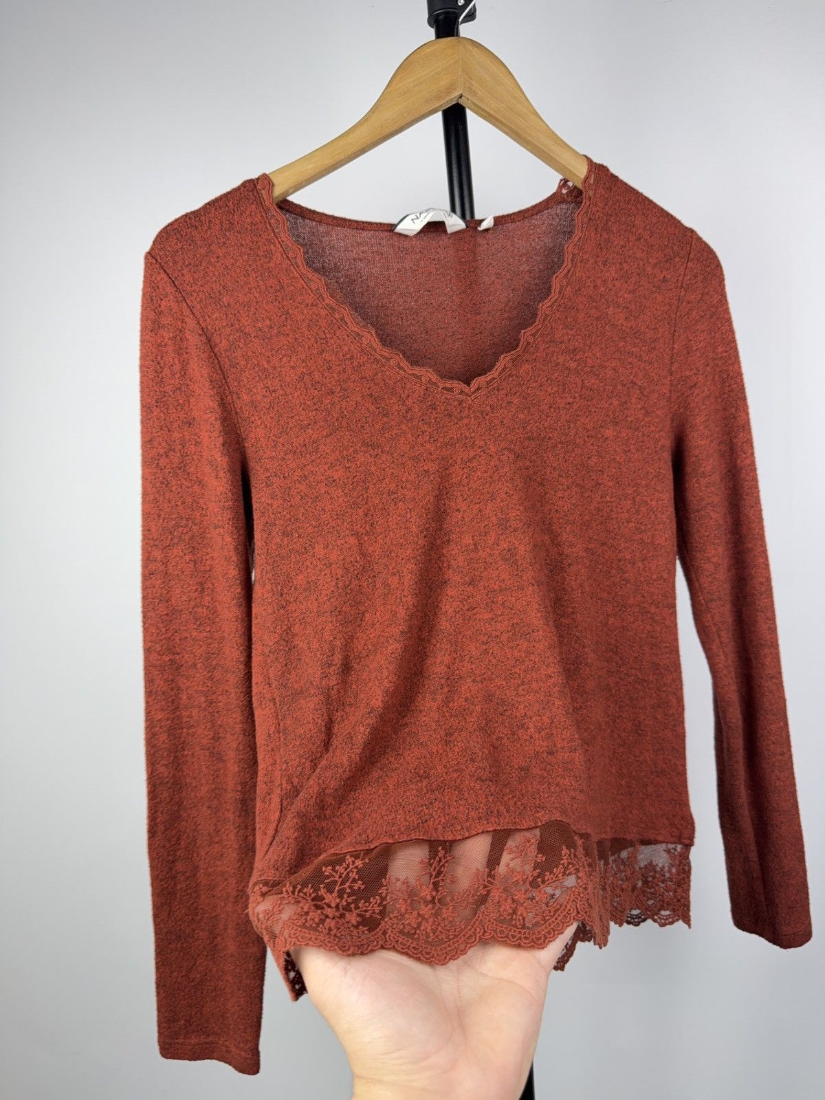 Japanese Brand 00s NAF NAF Romantic Terracotta Knit Top with Lace Trim S Size S / US 4 / IT 40 - 6 Thumbnail