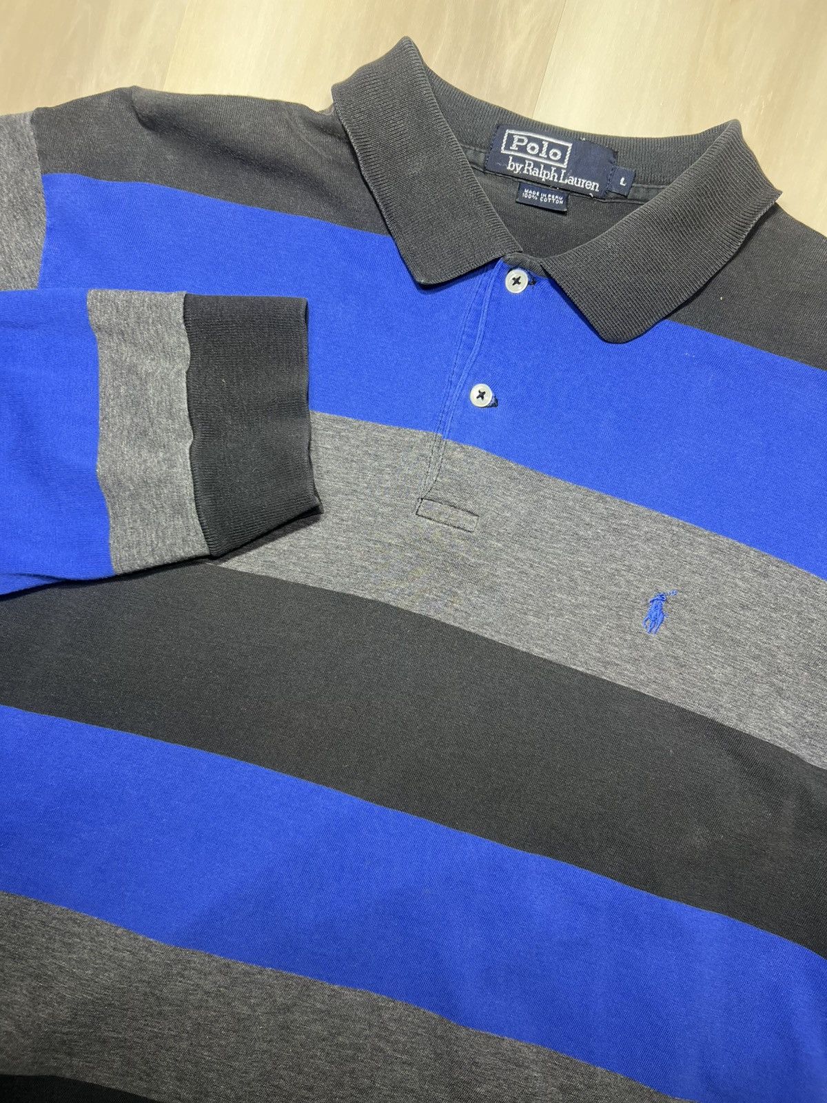 Polo Ralph Lauren VTG Polo Ralph Lauren Rugby Sz L Blue Gray Black Stripe Size US L / EU 52-54 / 3 - 1 Thumbnail