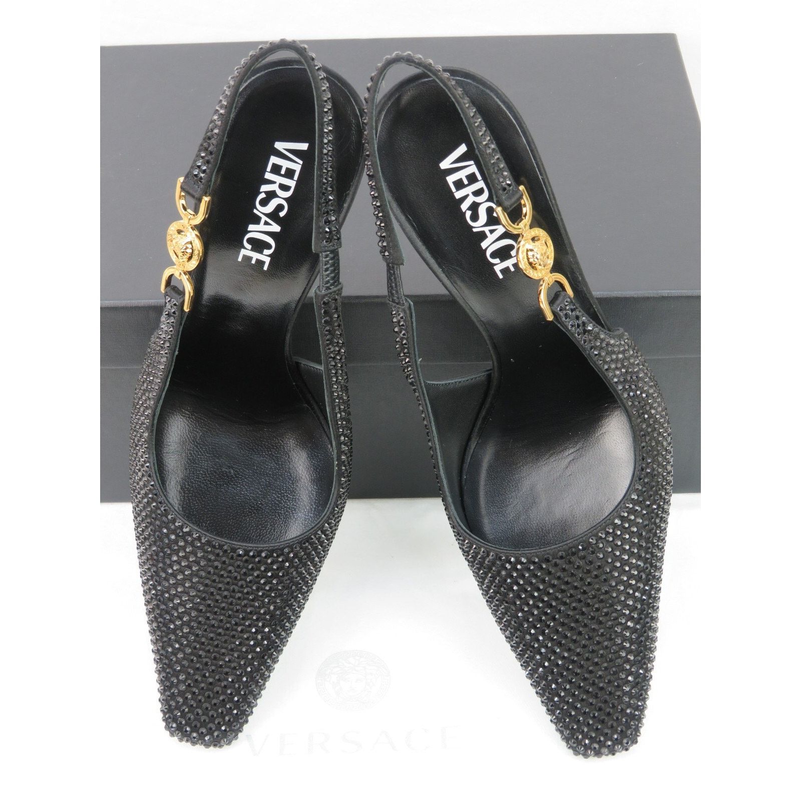 Versace VERSACE BLACK SUEDE GOLD MEDUSA CRYSTALS SANDALS PUMPS 38 IT Size US 8 / IT 38 - 3 Thumbnail
