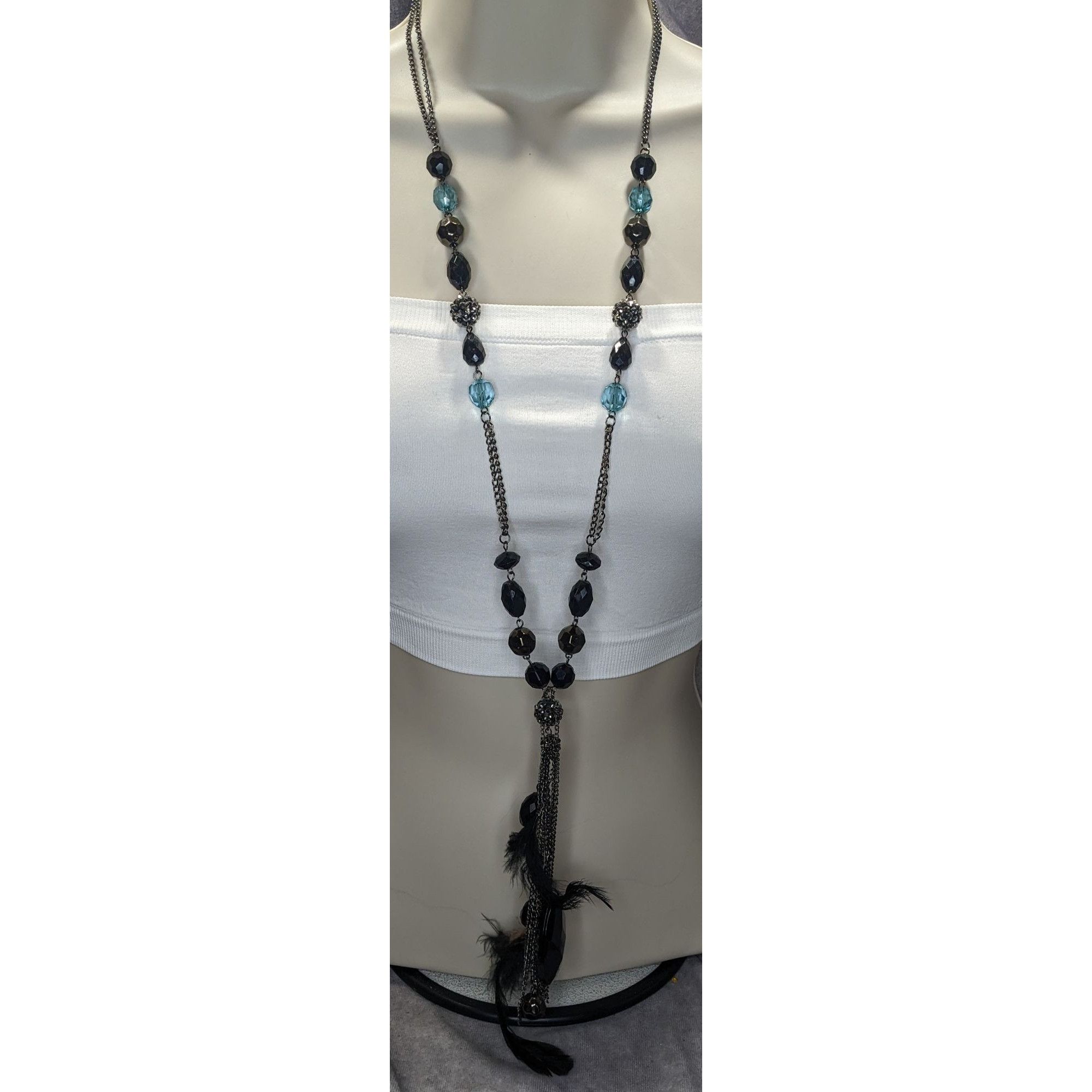 Other Vintage Y2K Long Bohemian Black & Blue Crystal Accent Feathe Size ONE SIZE - 2 Thumbnail
