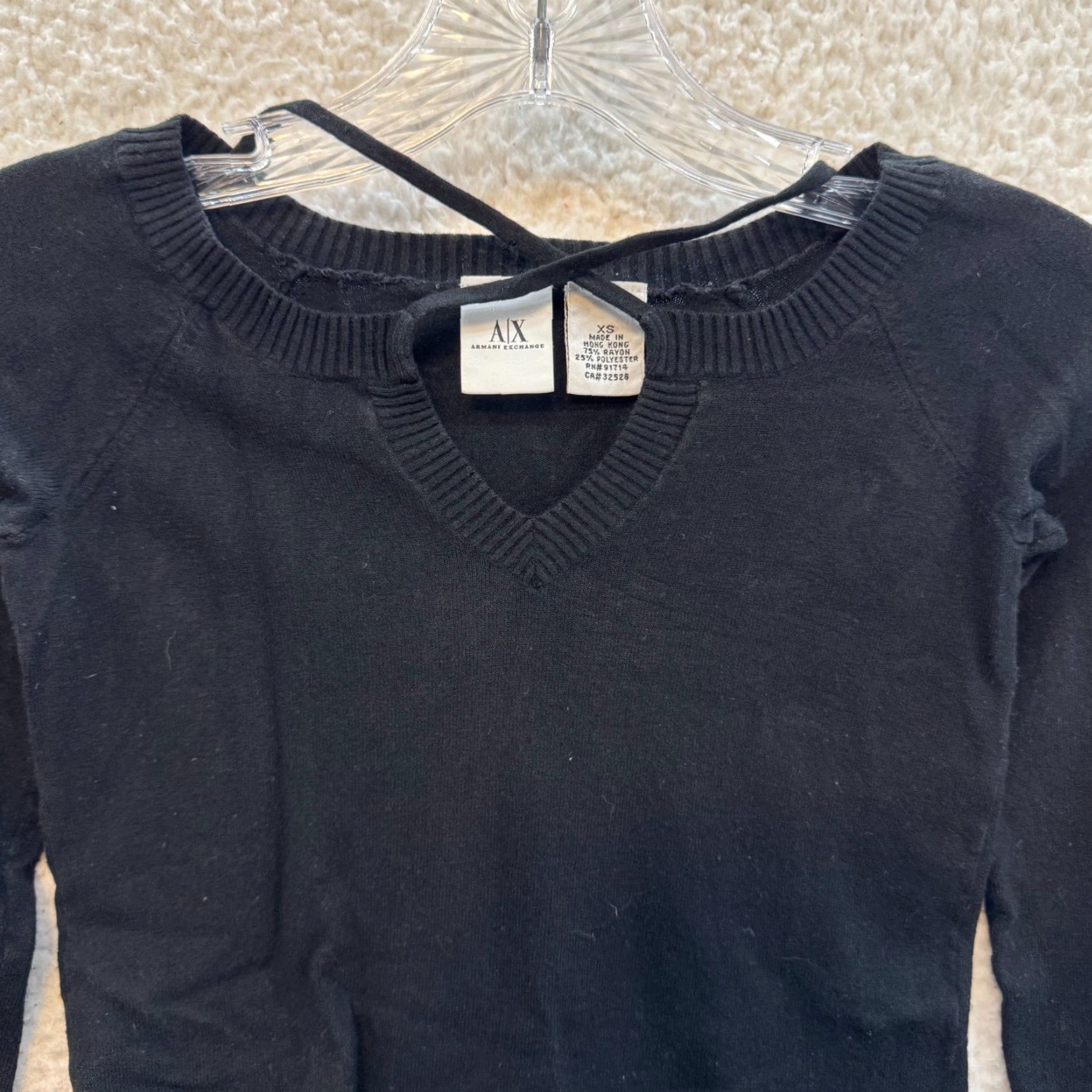 Armani Exchange Y2K Vintage Top XS Black Knit Long Sleeve Criss Cross Keyhole Neckline Corpcore Shirt Womens XS Black Knit Size XS / US 0-2 / IT 36-38 - 3 Thumbnail