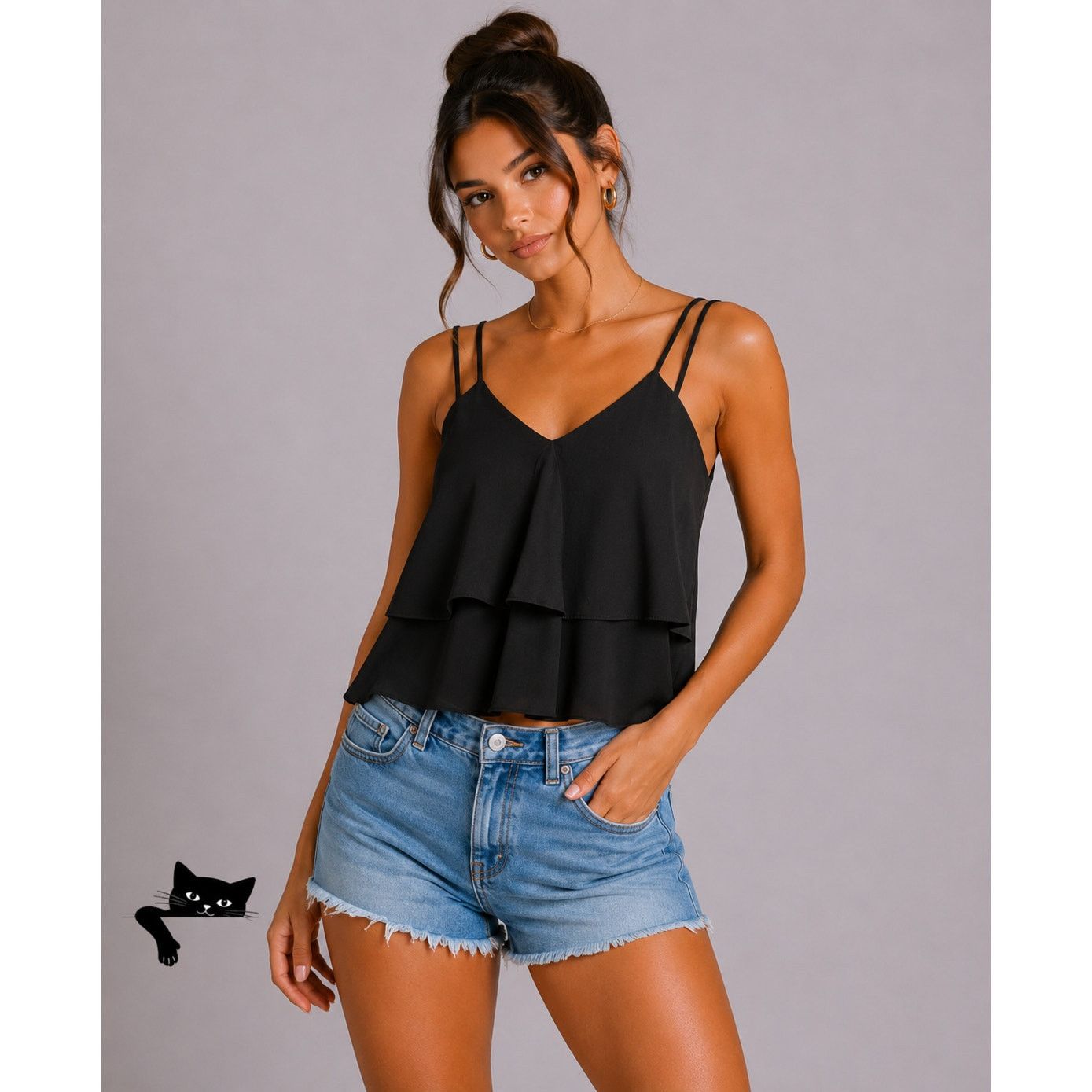 Other Love Riche Sexy Black Tiered Layer Vneck Cami Top Blouse S Size S / US 4 / IT 40 - 2 Thumbnail