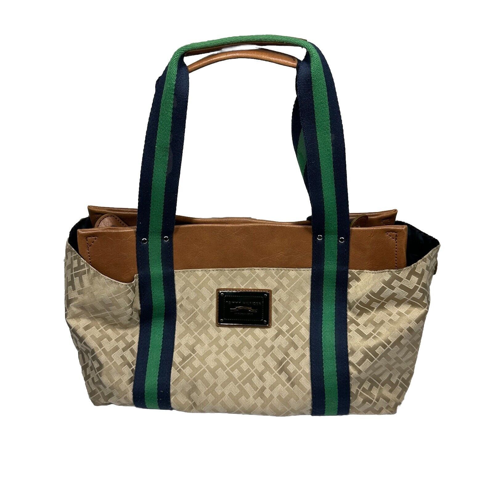 Tommy Hilfiger Tommy Hilfiger Beige with Green Navy Stripe Handbag Size ONE SIZE - 1 Thumbnail