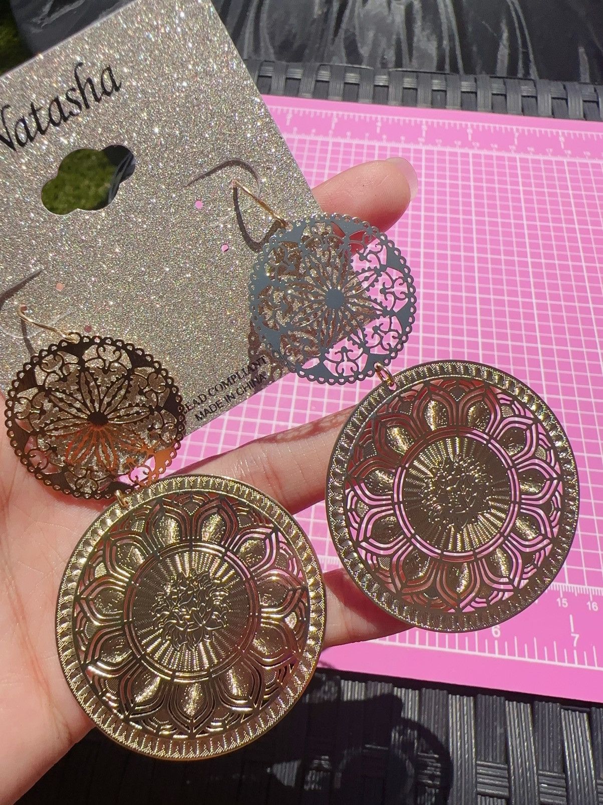 Designer Natasha gold tone hallowed circles drops flowers earrings Size ONE SIZE - 3 Thumbnail