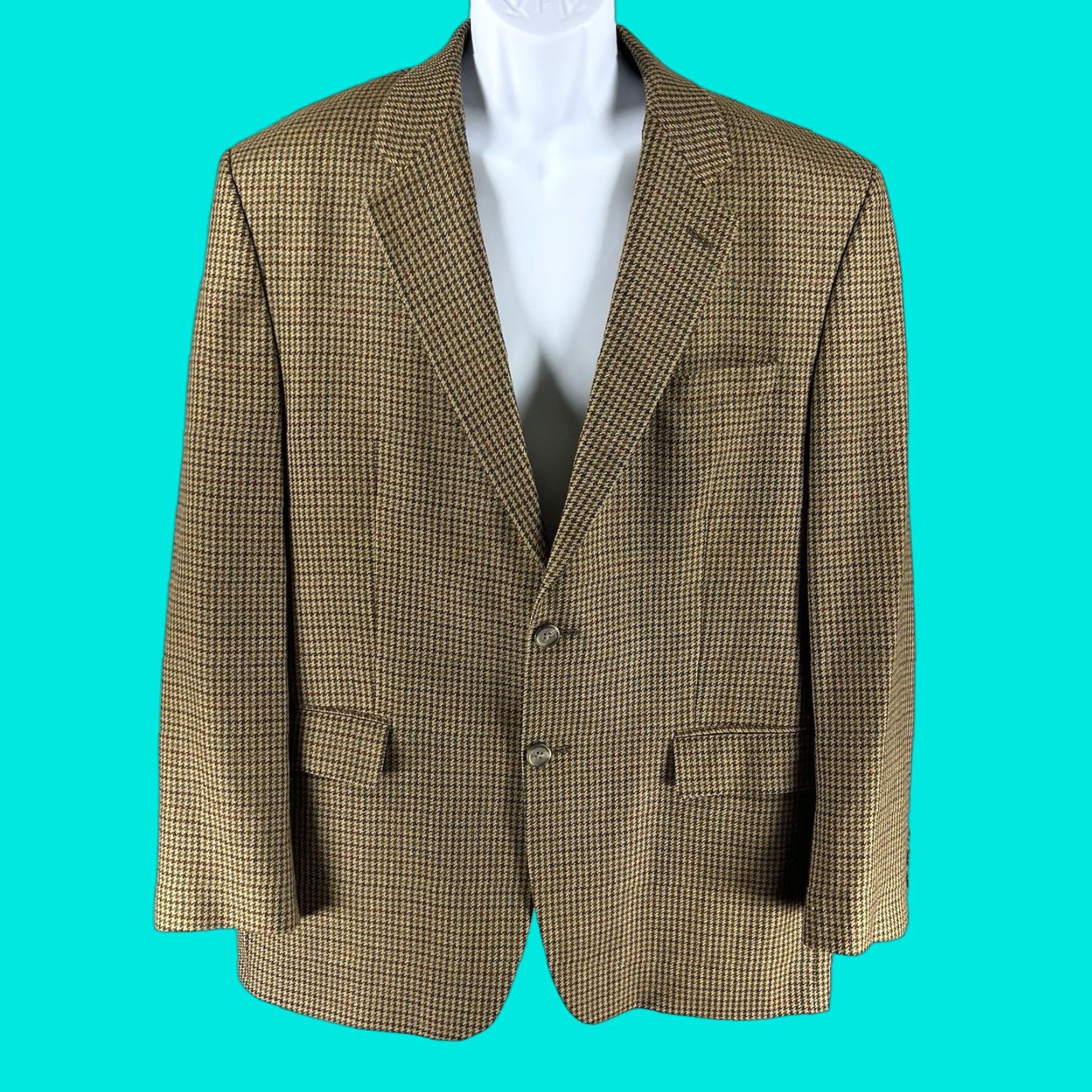 Ralph Lauren VTG Lauren Ralph Lauren Brown Houndstooth Lambswool Blend Blazer Sport Coat 44 Men Single-Breasted Notch Lapel 2 Piece 4-Button Dry Clean Only Wool Size 44R - 1 Thumbnail