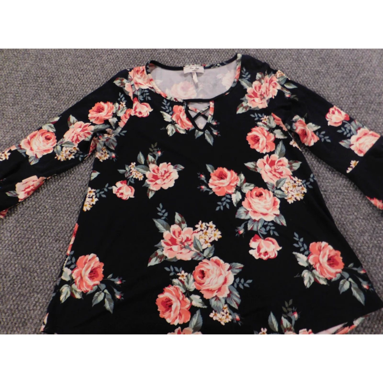 Vintage Rue Juju Womens Blouse Shirt Regular Medium Black Floral Stretch Crew Neck Long Sleeve Casual Zipper timeless Classic Vector: none (avoid adding). Size M / US 6-8 / IT 42-44 - 4 Thumbnail
