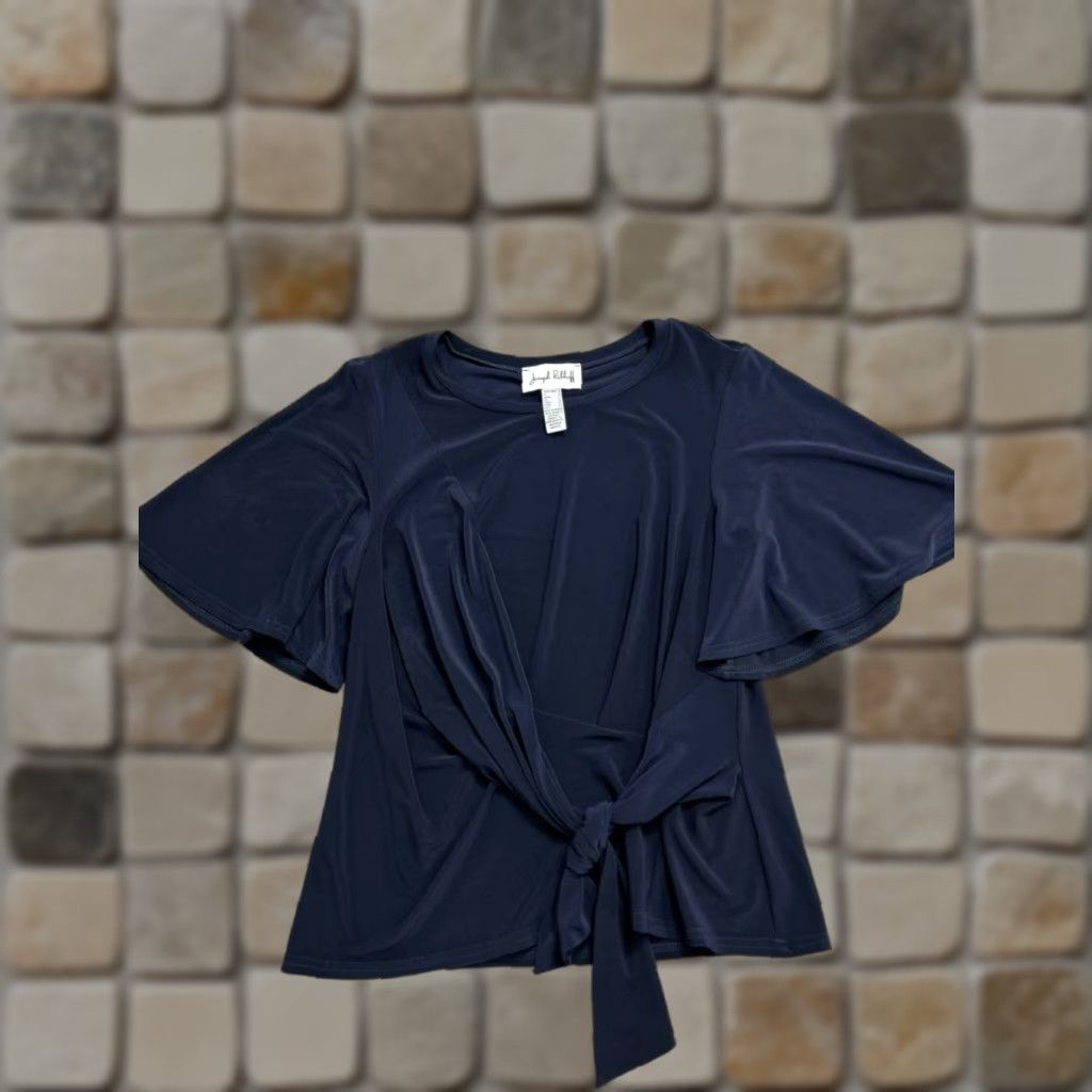 Joseph Ribkoff Joseph Ribkoff T Shirt Womens 8 Blue Flutter Sleeve Knotted Tie Front Crew Neck Short Sleeve Blouse Satin? Size M / US 6-8 / IT 42-44 - 1 Thumbnail