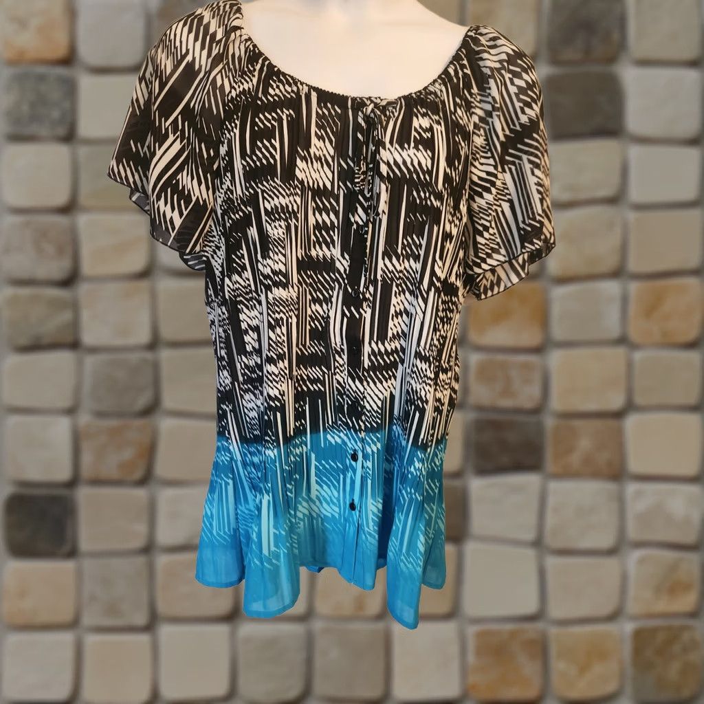Avenue Avenue Tunic Top Black Blue White Geometric Print Sheer 2X Womens Size XXL / US 16-18 / IT 52-54 - 1 Thumbnail