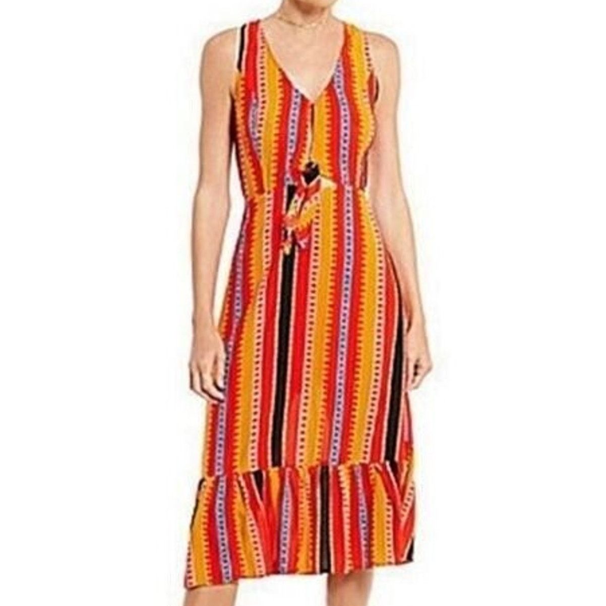 Gianni Valentino Gianni Bini Womens Stella Striped Midi Dress Ruffle Hem S Size S / US 4 / IT 40 - 1 Thumbnail