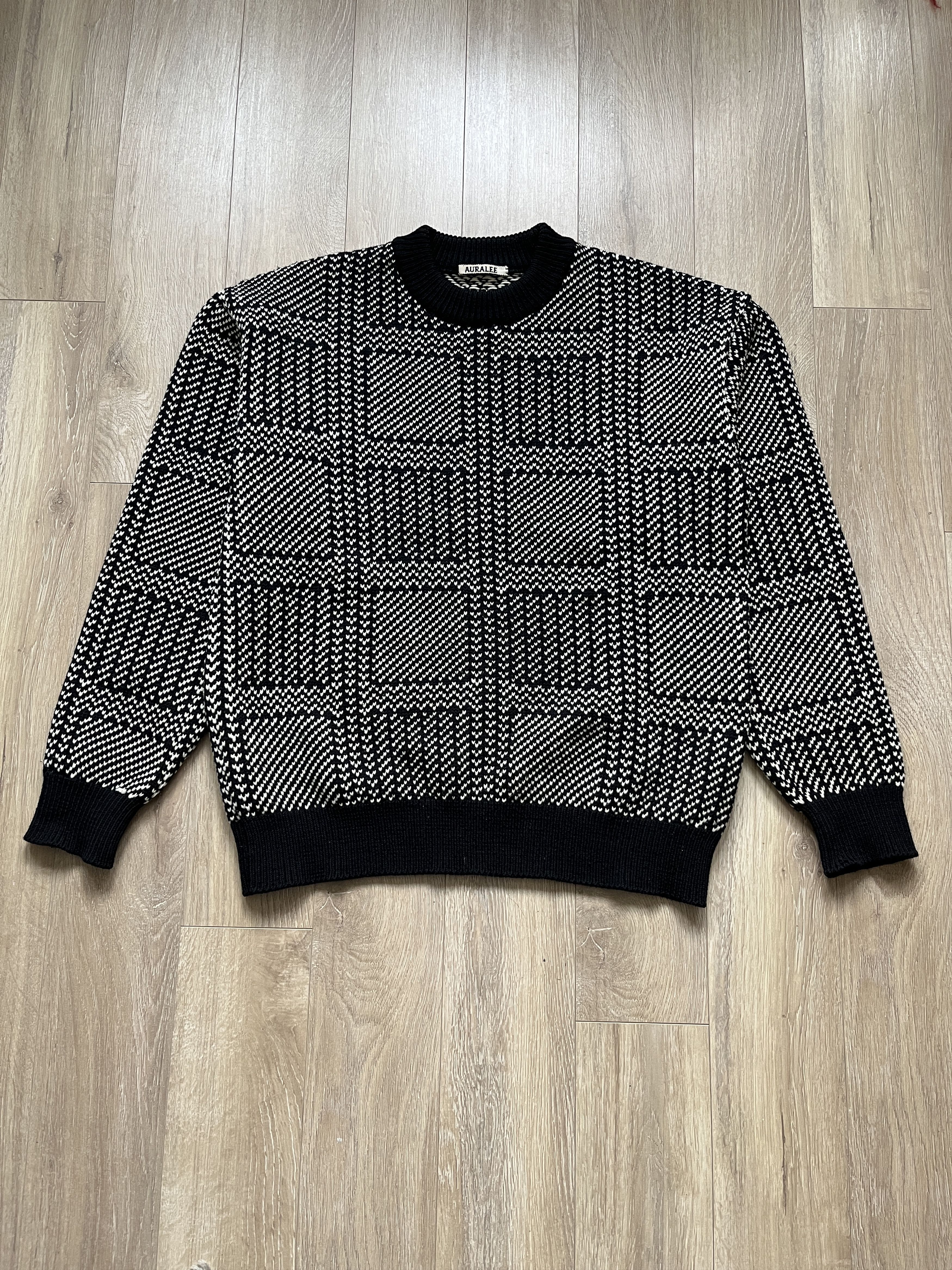 image of Auralee Hard Twist Merino Jacquard Knit Big P/o in Black/White, Men's (Size Small)