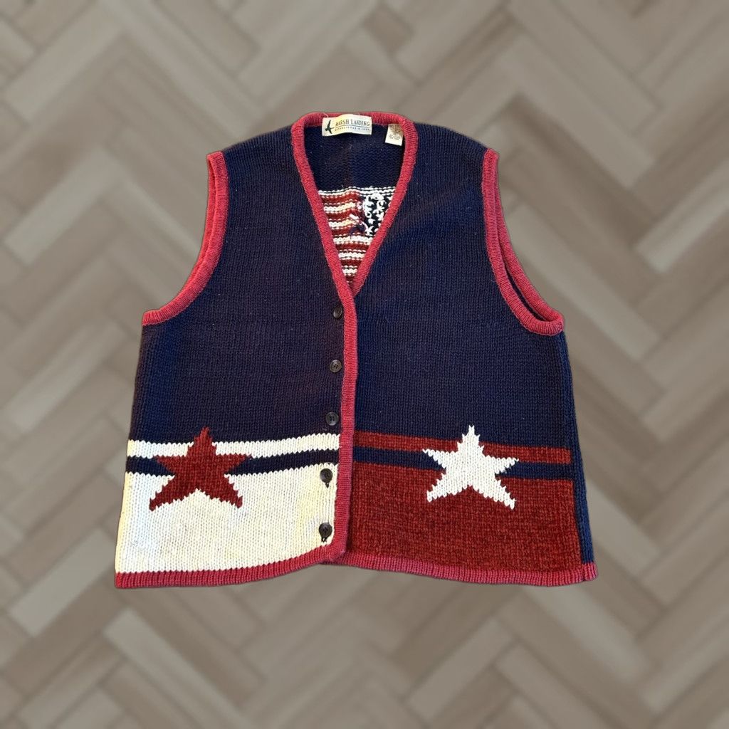 Vintage Marsh Landing Womens Vest Knit USA Red White Blue Short Sleeveless Buttoned Casual Small Blue USA Pattern Jacket Style Womens Size S / US 4 / IT 40 - 1 Thumbnail