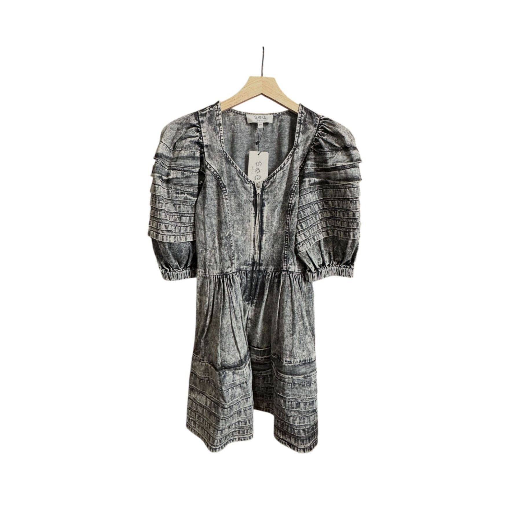 Sea New York Sea New York Dylan Mini Dress 00 Black Chambray Puff Sleeve Size XXS / US 00 / IT 34 - 1 Thumbnail