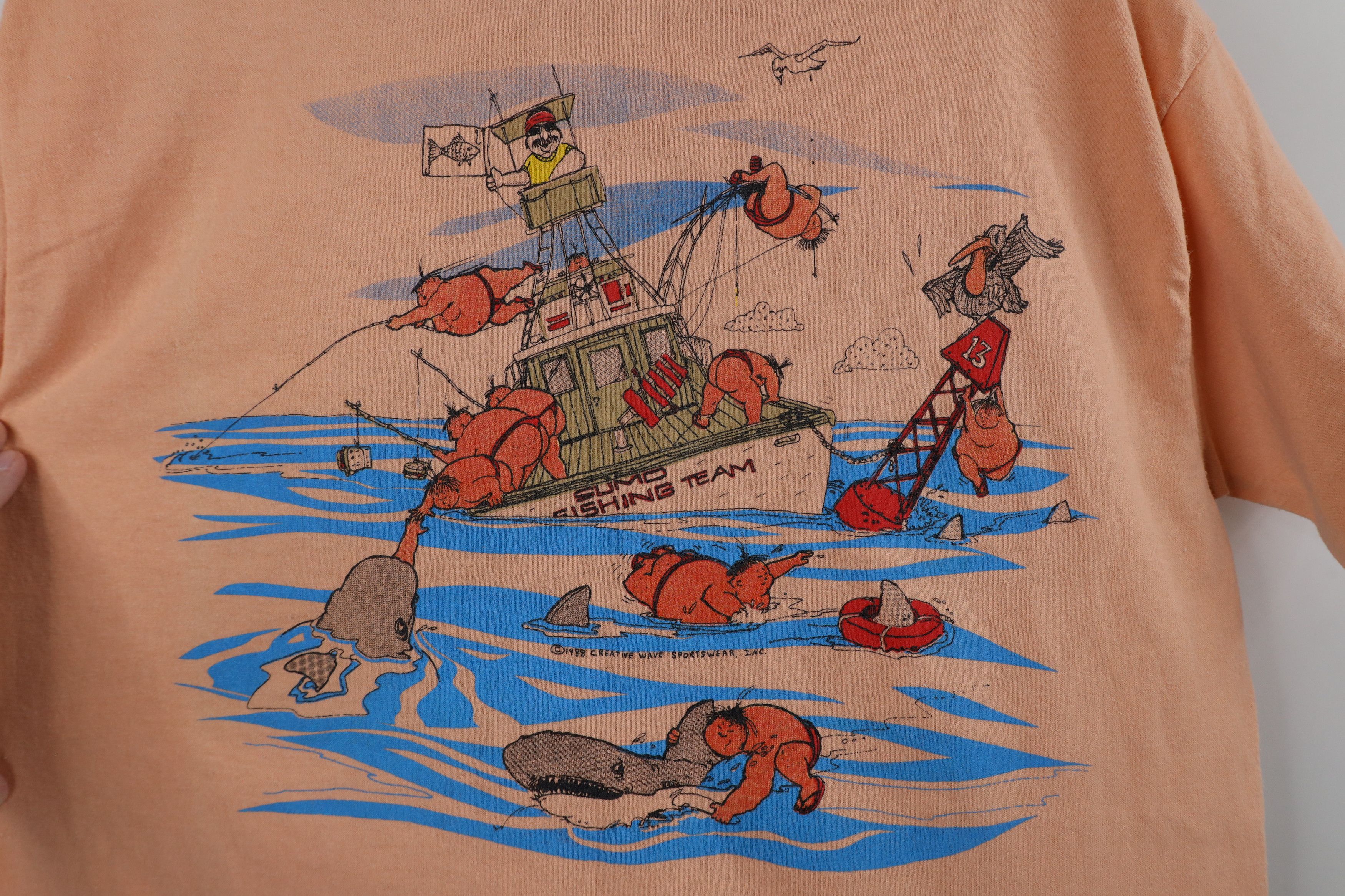 Vintage Vintage 80s Funny Comic Sumo Fishing Team T-Shirt Pink USA Size US M / EU 48-50 / 2 - 7 Thumbnail