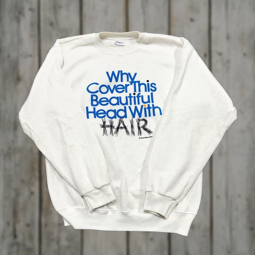 Hanes VTG Hanes Sweatshirt Men Large White Cotton Blend Pullover Distressed Hair Cover Beautiful Head With Hair FX Size US L / EU 52-54 / 3 - 1 Thumbnail
