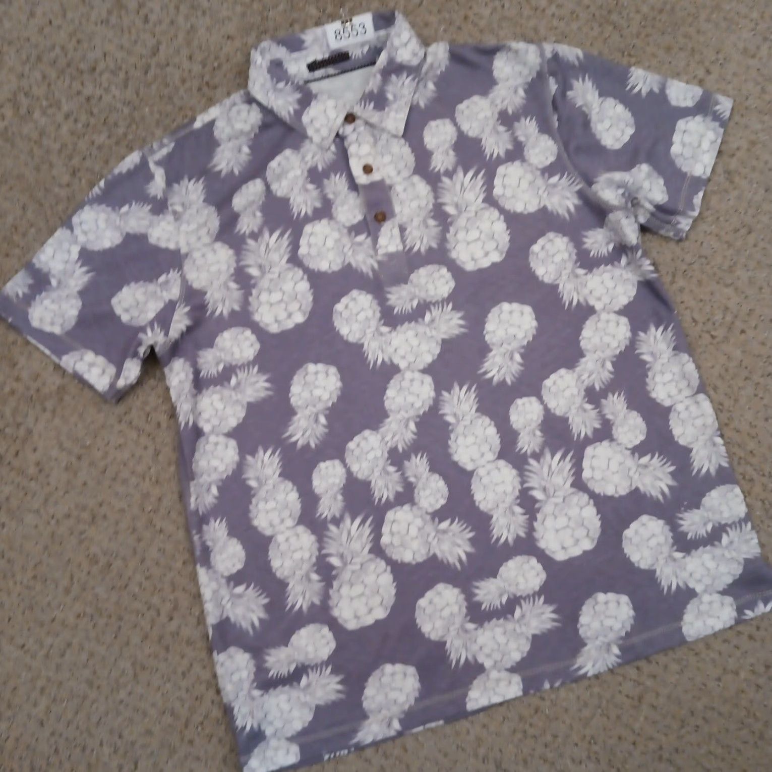 Vintage Visitor Polo Shirt Mens Large Purple Pineapple Pattern Short Sleeve Modal Blend Size US L / EU 52-54 / 3 - 5 Thumbnail