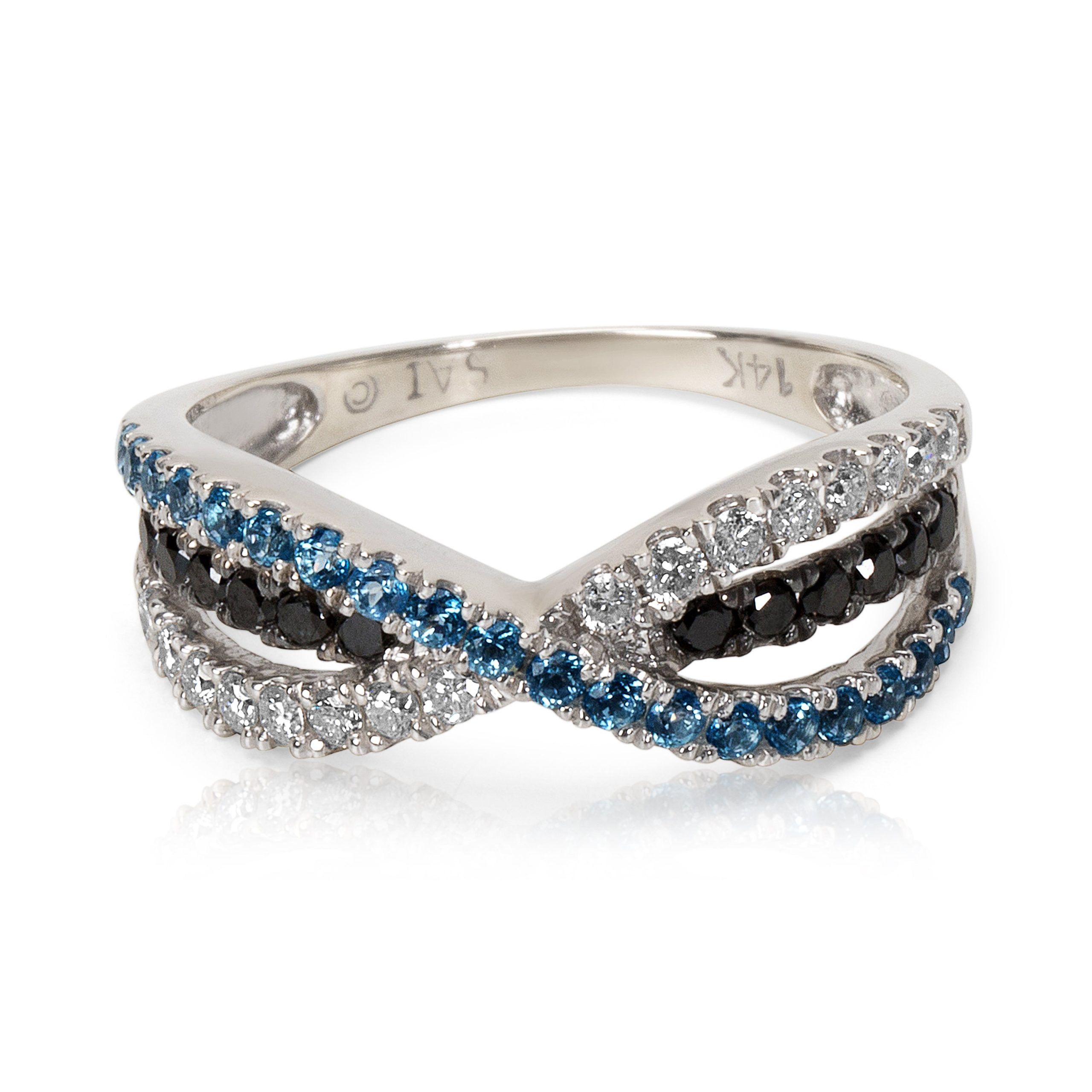 Black & White Diamond with Blue Topaz Ring in 14KT White Gold