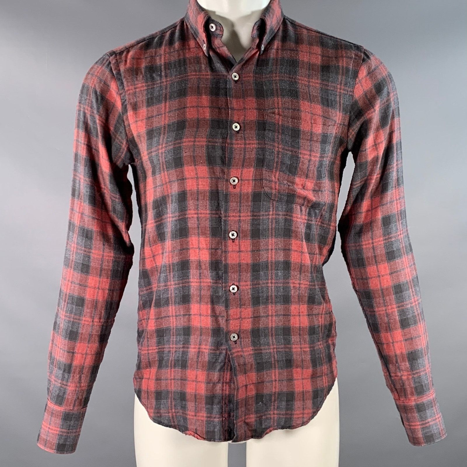 Naked & Famous Grey Burgundy Plaid Cotton One pocket Long Sleeve Shirt Size US S / EU 44-46 / 1 - 1 Thumbnail