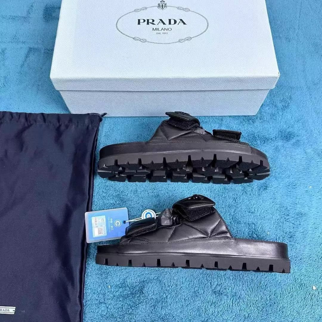 Prada Prada SS25 Women's Lambskin Velcro Slide Black 37 Size US 6.5 / IT 36.5 - 2 Thumbnail