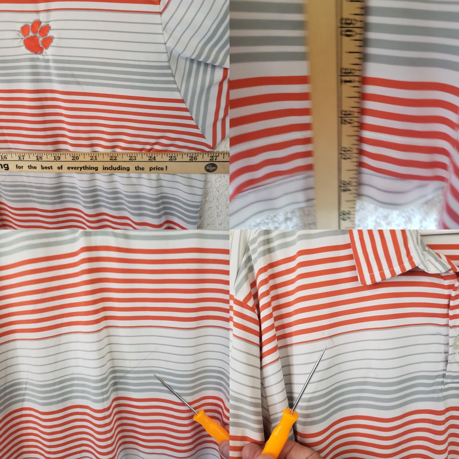 Vintage Columbia Polo Shirt Mens Short Sleeve Golf Light Gray Stripe Clemson Tigers Logo (XL) Size US XL / EU 56 / 4 - 9 Thumbnail