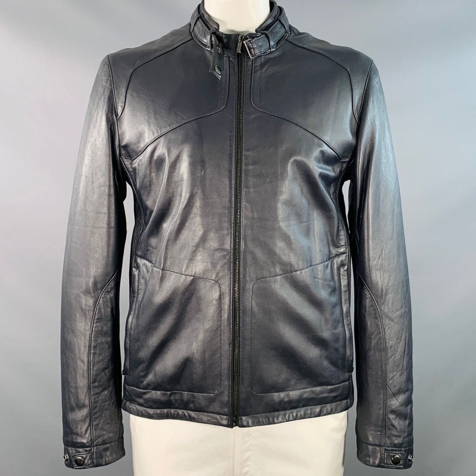 BUGATCHI BUGATCHI Size L Navy Lambskin Leather Moto Racer Jacket Size US L / EU 52-54 / 3 - 1 Thumbnail
