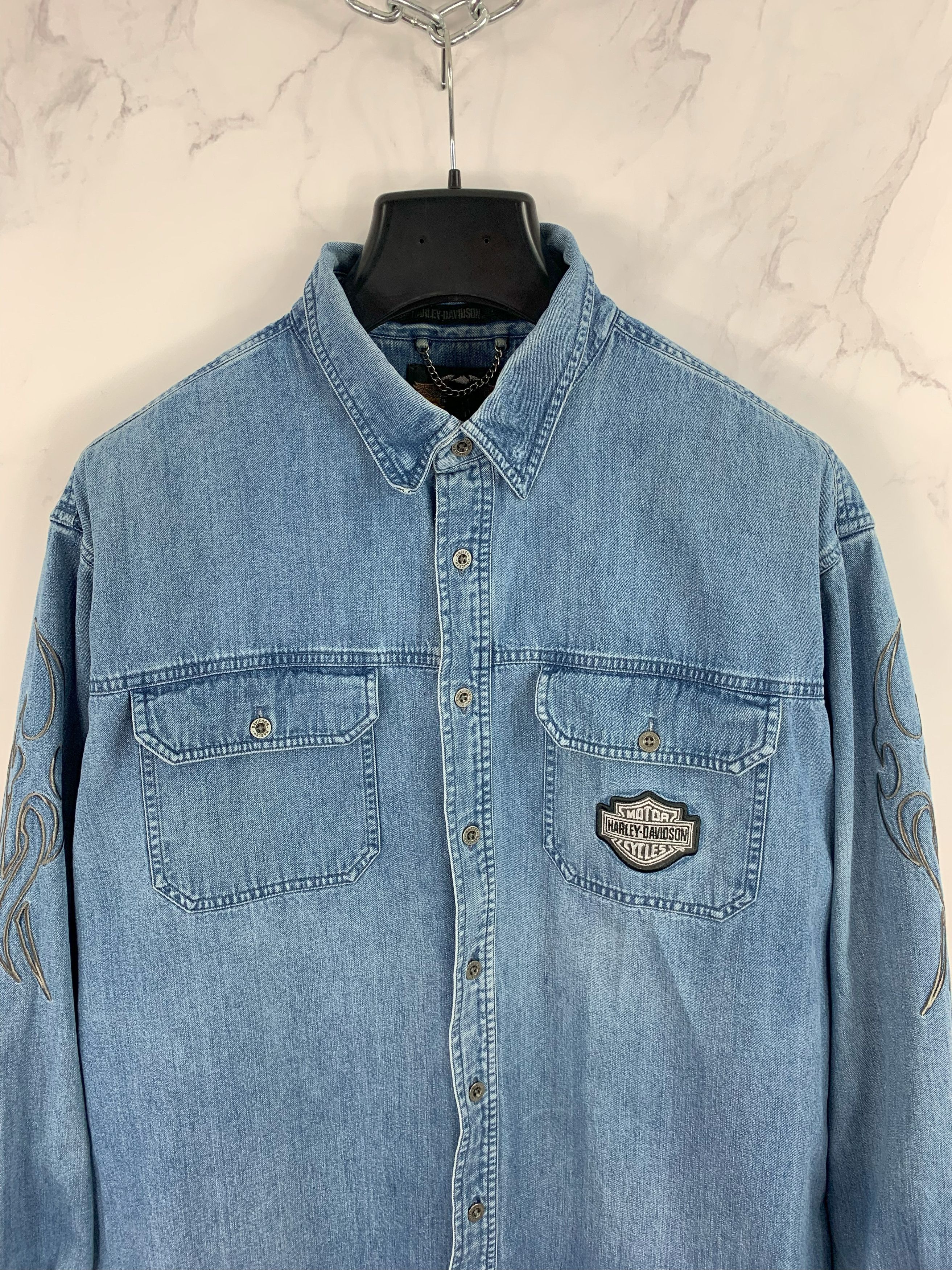 Harley Davidson Vintage Harley Davidson Denim Button Shirt Size 2XL Size US XXL / EU 58 / 5 - 2 Thumbnail