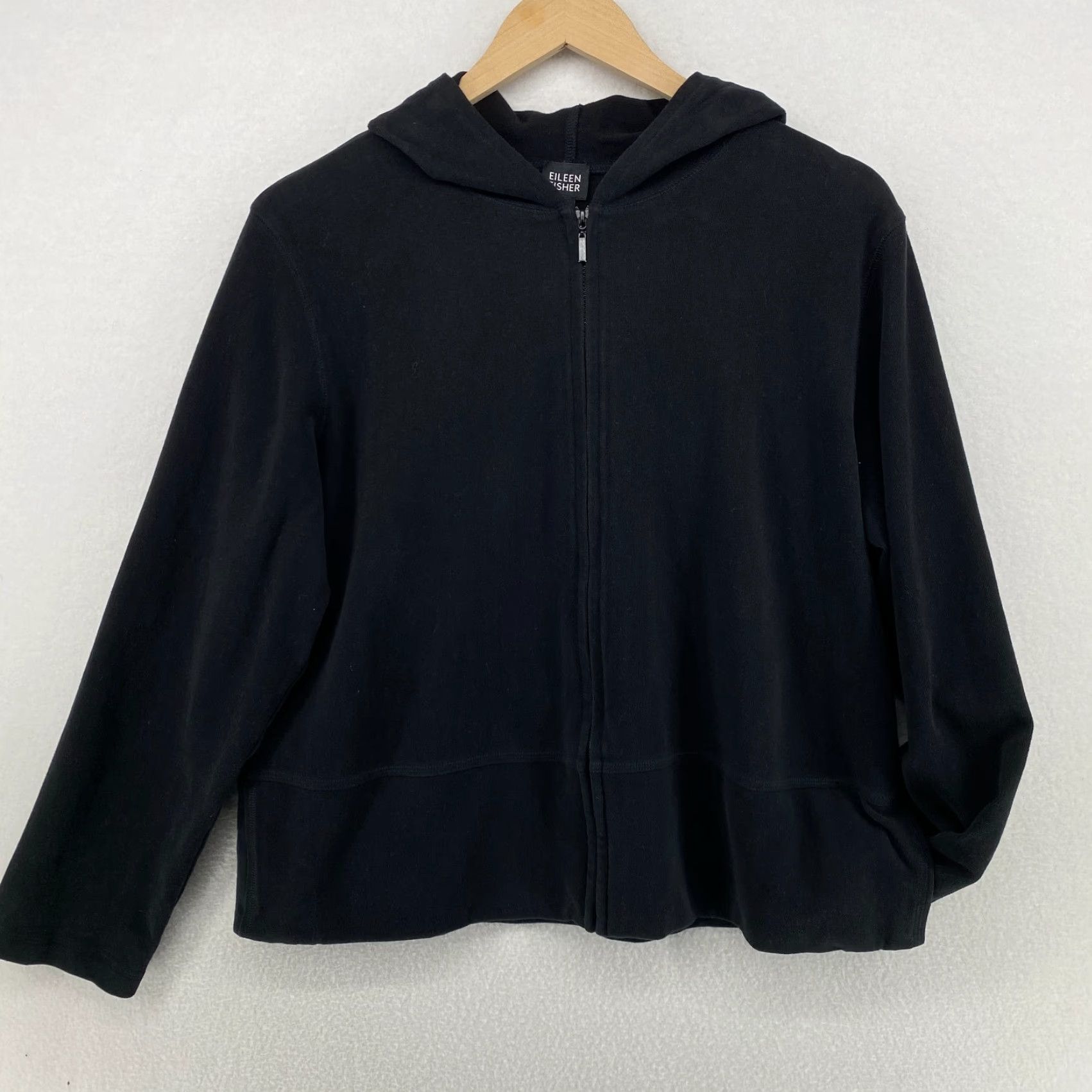 EILEEN FISHER Jacket L Hoodie Black Heavy Brushed Jersey Cotton Full Zip Boxy Hooded Pockets All Seasons