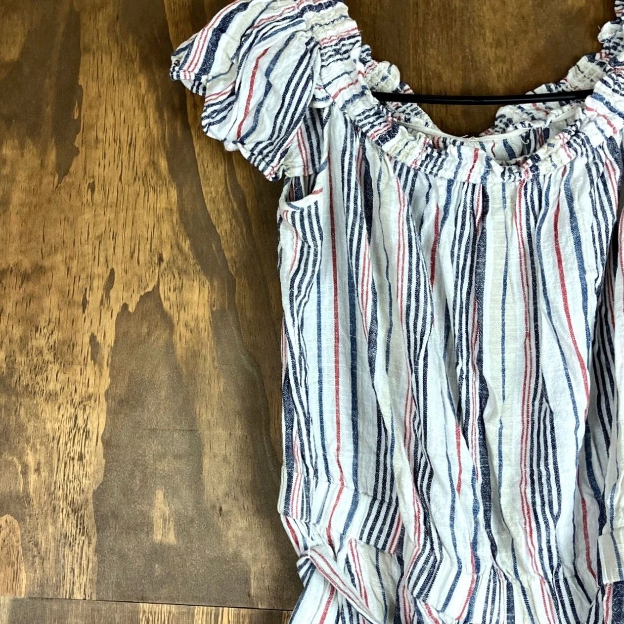 Loft LOFT Beach Romper Tan Multi Striped Linen Blend Smock Neck Sleeveless M Womens Casual Party/Cocktail Travel Pockets Flutter Relaxed One-Piece Shirt? Size 32" / US 10 / IT 46 - 4 Thumbnail