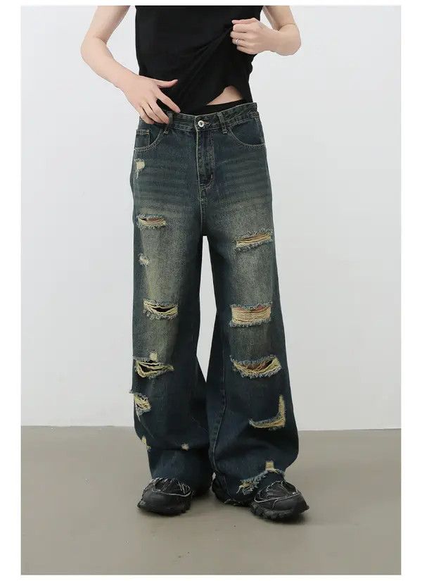 VIBE Men's loose straight raw edge washed wide-leg ripped jeans Size US 32 / EU 48 - 2 Thumbnail