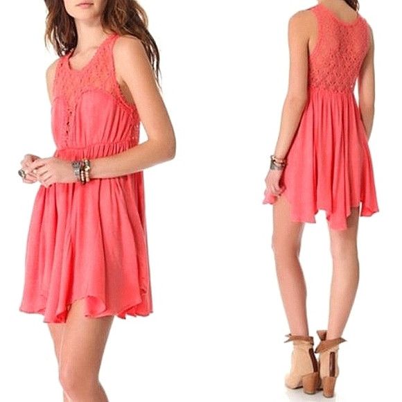 image of Free People x Vacation NWT Fiesta Lace Crochet Detail Sleeveless Babydoll Dress in Coral Pink, Wome