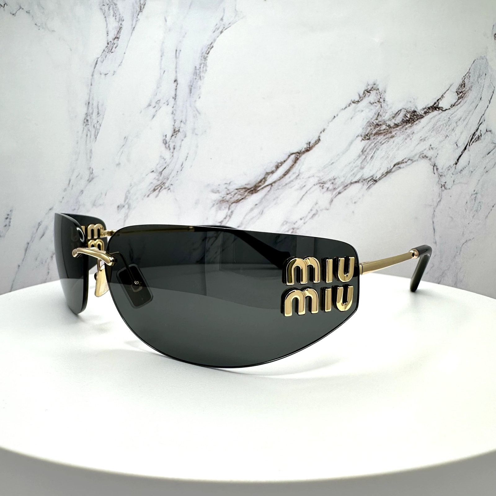 Miu Miu New MIU MIU Sunglasses Gold Dark Gray Lens Runway Wrap Size ONE SIZE - 6 Thumbnail