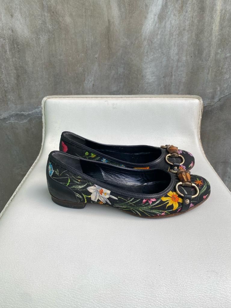 Gucci Black Flora Bamboo Ballet Heeled Flats Size US 5 / IT 35 - 9 Thumbnail