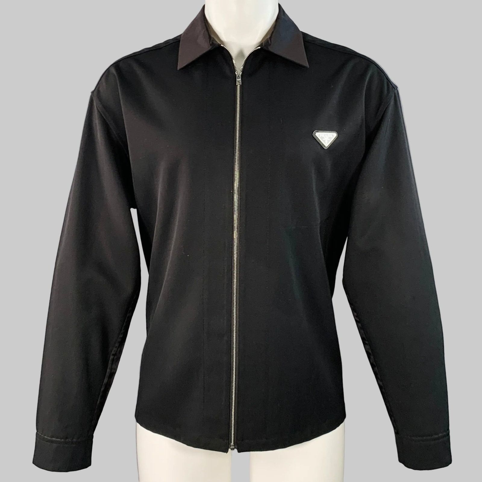 Prada Black Virgin Wool Twill Contrast Collar Zip Up Shirt Jacket Size US S / EU 44-46 / 1 - 1 Thumbnail