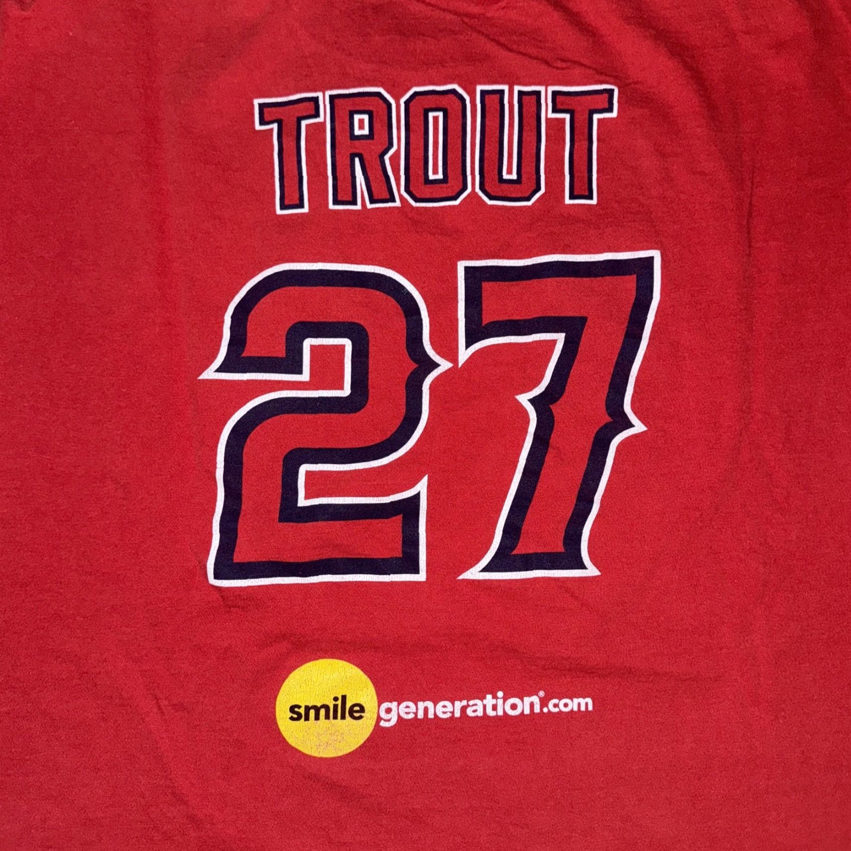 Vintage VINTAGE Mike Trout Anaheim Angels T-Shirt Red XL 21x27 Trout Farm Men XL Red Angels Shirt 80s 90s Baseball Mens Size US XL / EU 56 / 4 - 5 Thumbnail
