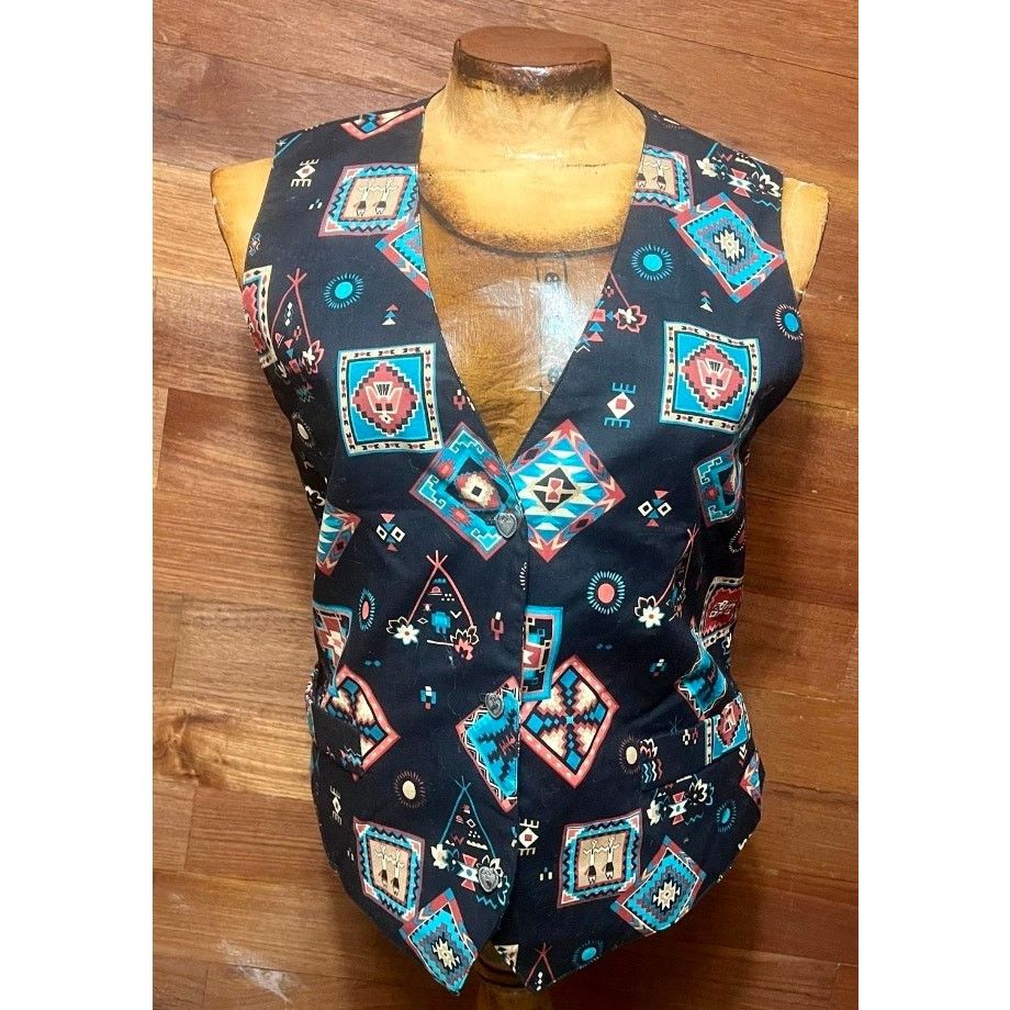 Vintage VINTAGE Aztec Western Vest Cowboy Black Teal Country Small Size S / US 4 / IT 40 - 1 Thumbnail