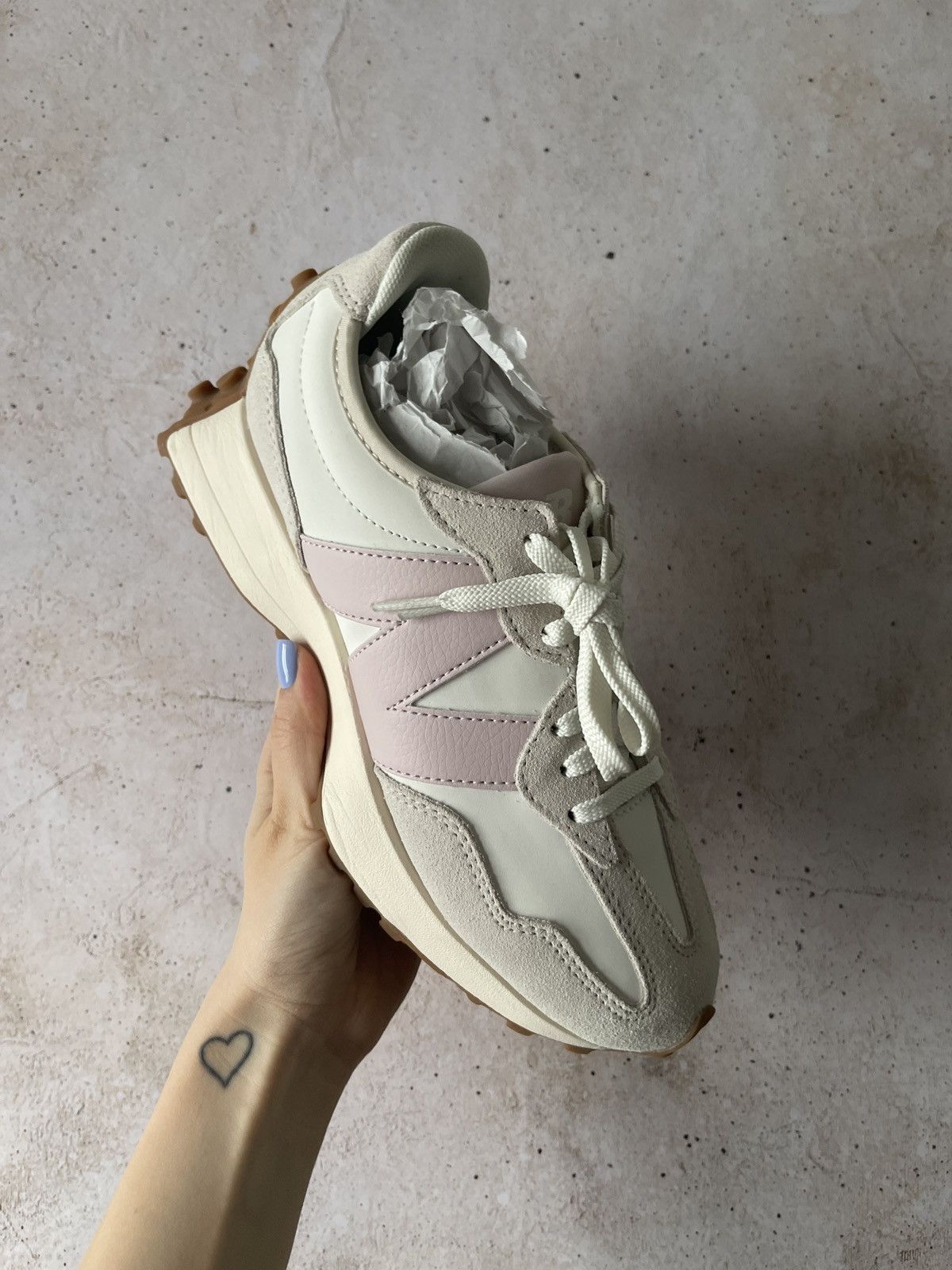 image of Hype x New Balance 327 Moonbeam Stone Pink (Women's) Shoes in Moonbeam/Stone Pink/Gum