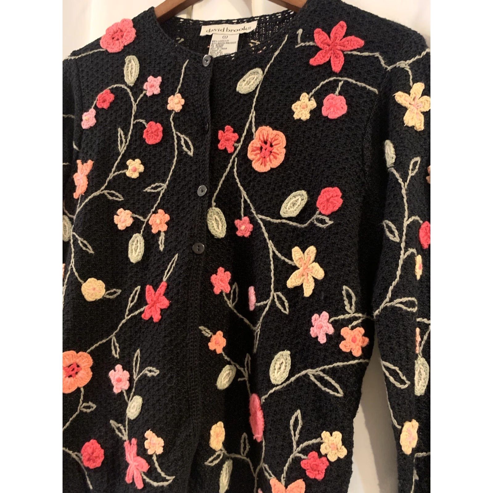 Brooks DAVID BROOKS Cardigan Sweater Women S Black Multi Floral Embroidered Cottagecore Knit Long Sleeve Round Neck Vintage No Size S / US 4 / IT 40 - 2 Thumbnail