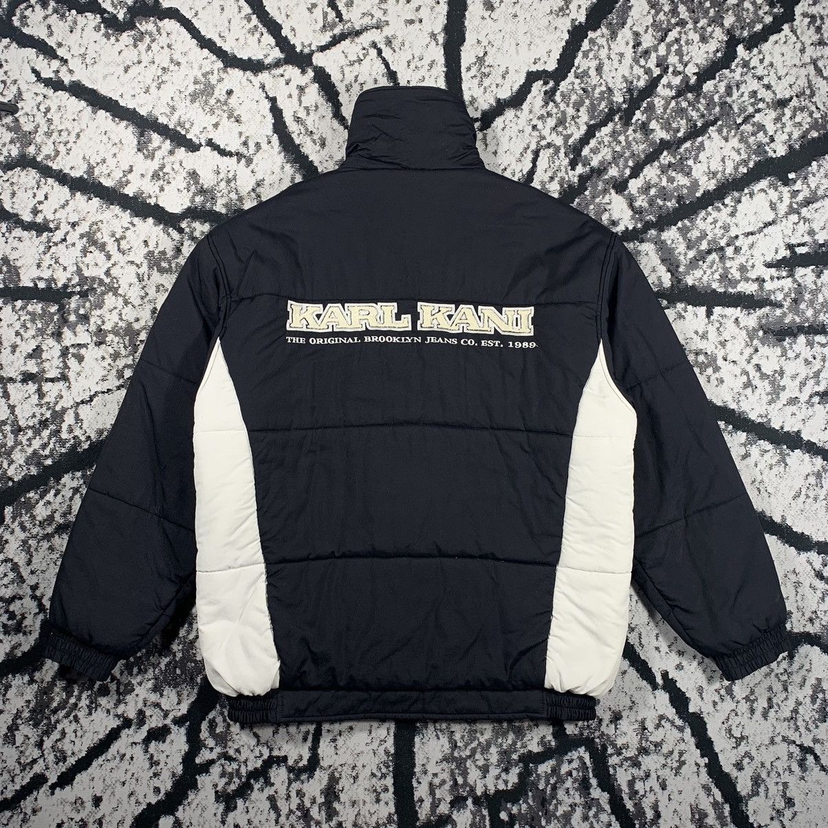 image of 90's Vintage Karl Kani Down Puffer Jacket Big Logo Kani 23 in Black White, Men's (Size XL)