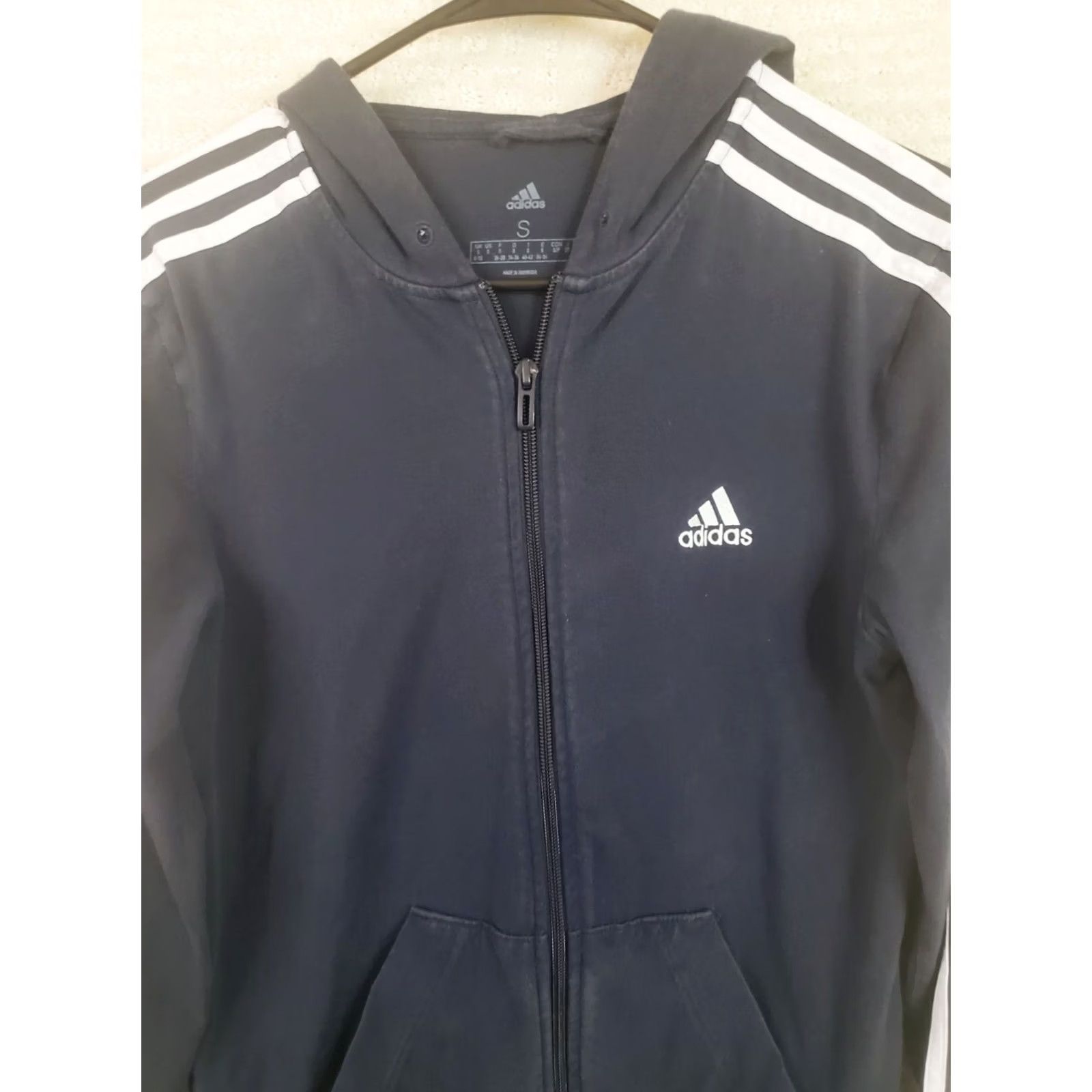 Adidas Adidas Men's S Navy Blue Full Zip Hooded Track Jacket Three Stripes on Arms & Shoulders, 36 in Chest, Jersey, Polyester, Regular Size, Jacket, Men Size US S / EU 44-46 / 1 - 2 Thumbnail