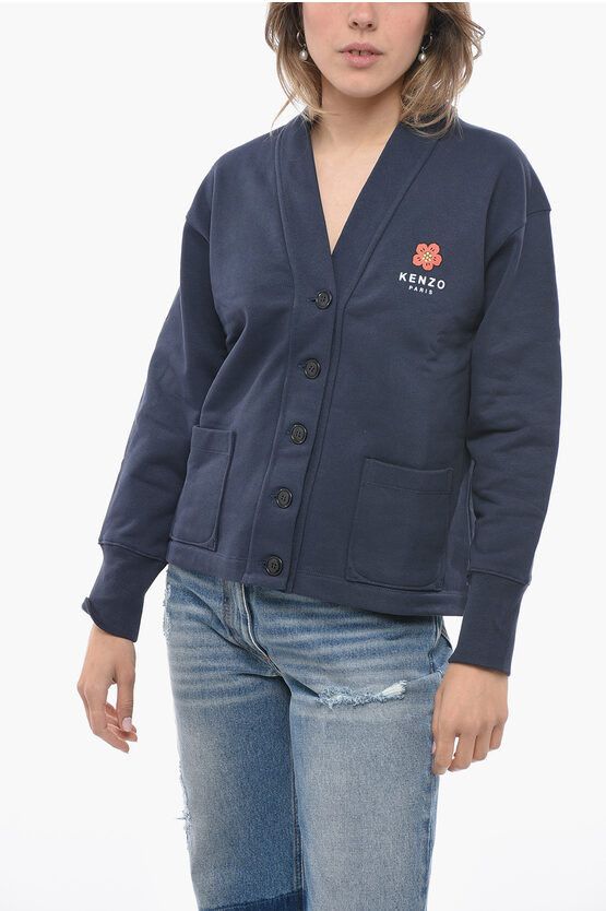 image of Kenzo Fleece Jersey Poppy Cardigan With Patch Pockets in Blue, Women's (Size Small)