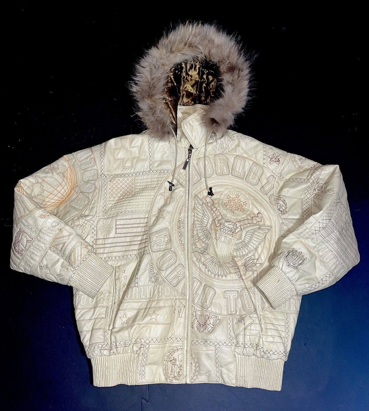 image of 1 Of 1 Vintage Embroidered Leather Fur Jacket in White, Men's (Size XL)