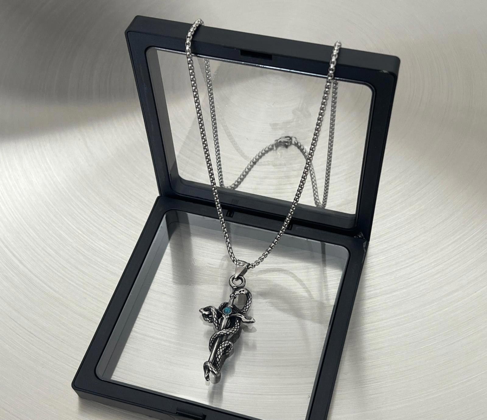 Jewelry Silver Snake & Cross - Blue Gemstone Pendant Necklace Size ONE SIZE - 1 Thumbnail