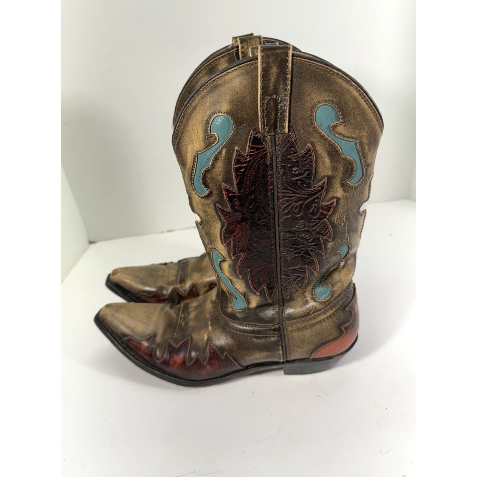 Vintage Smoky Mountain Boots Western Boot Men 9.5 D Brown Leather Inlay White Cross Snipped Toe 6229 Size US 10 / EU 43 - 4 Thumbnail