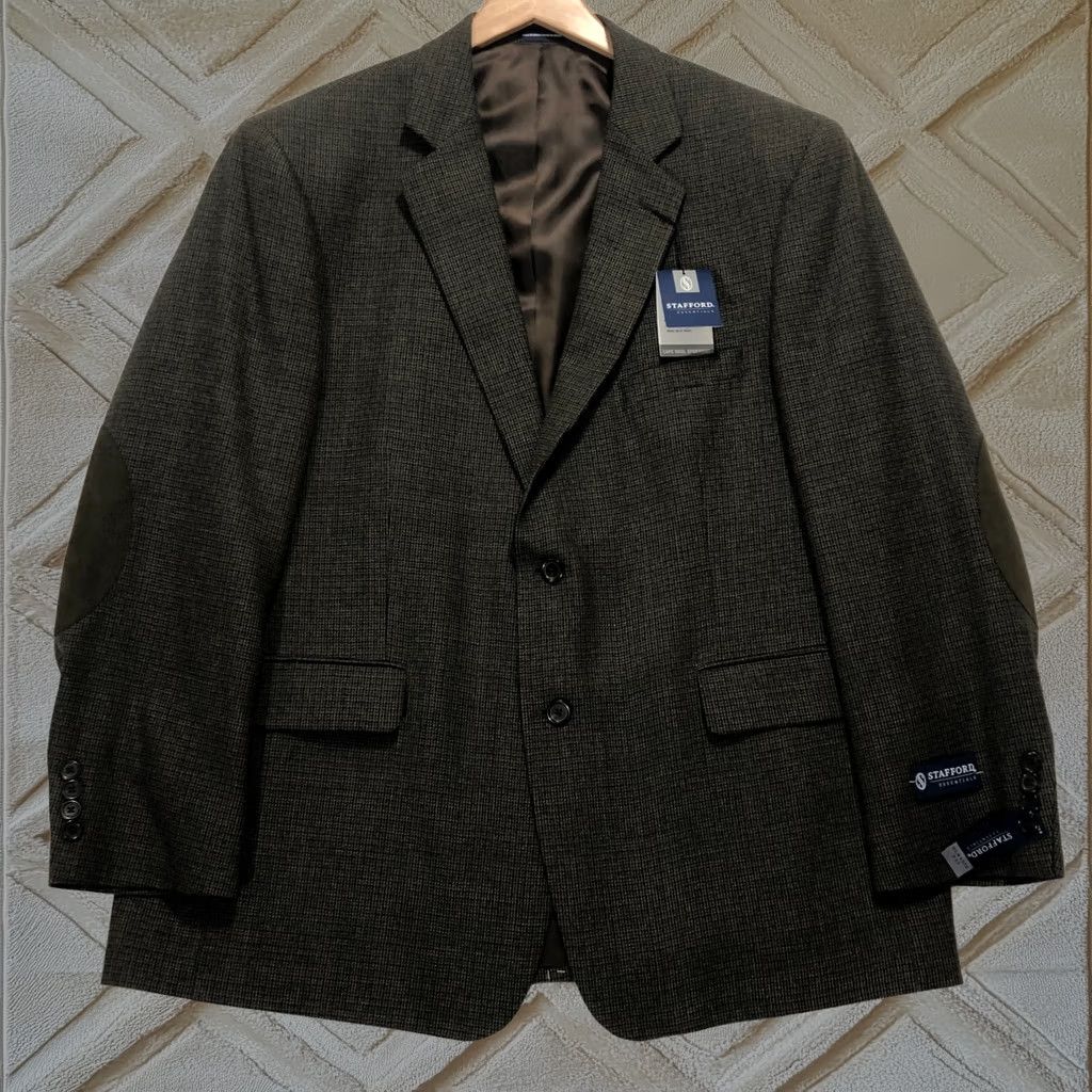 Stafford Essentials Sport Coat Mens Size 46r Classic Fit Black Olive Check Wool, Men's