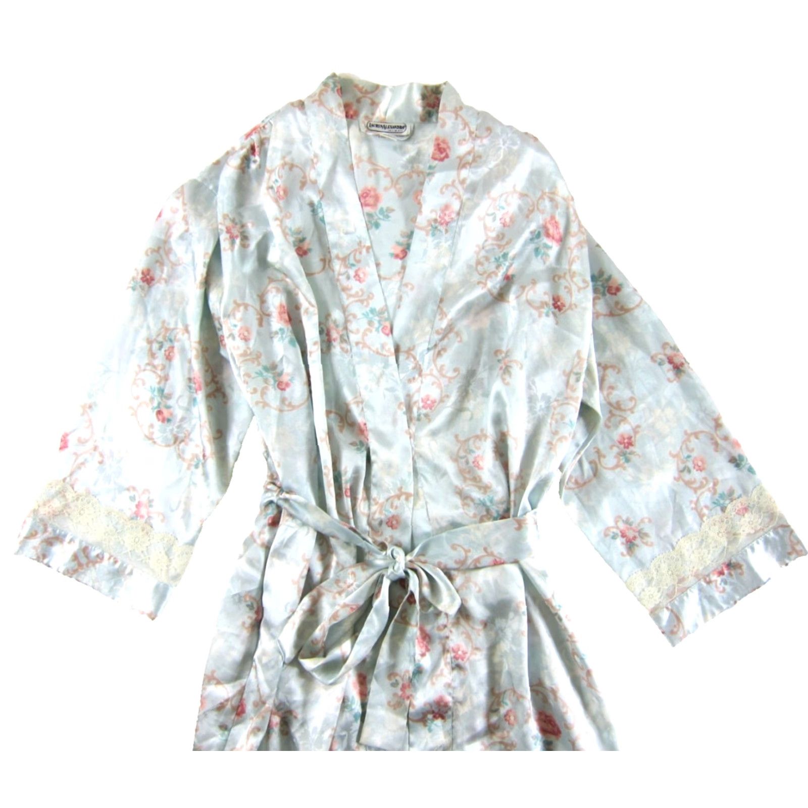 Vintage VINTAGE Lauren Alexandra Robe Women Medium Floral Silky Polyester Blue Pocket Belted Size ONE SIZE - 4 Thumbnail
