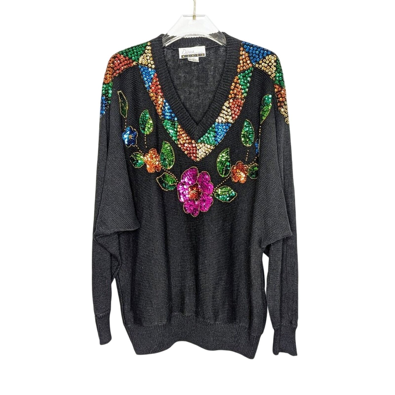 Vintage Diana Marco Vintage Black 80's Floral Sequin Sweater V-Neck Size XXL / US 16-18 / IT 52-54 - 1 Thumbnail