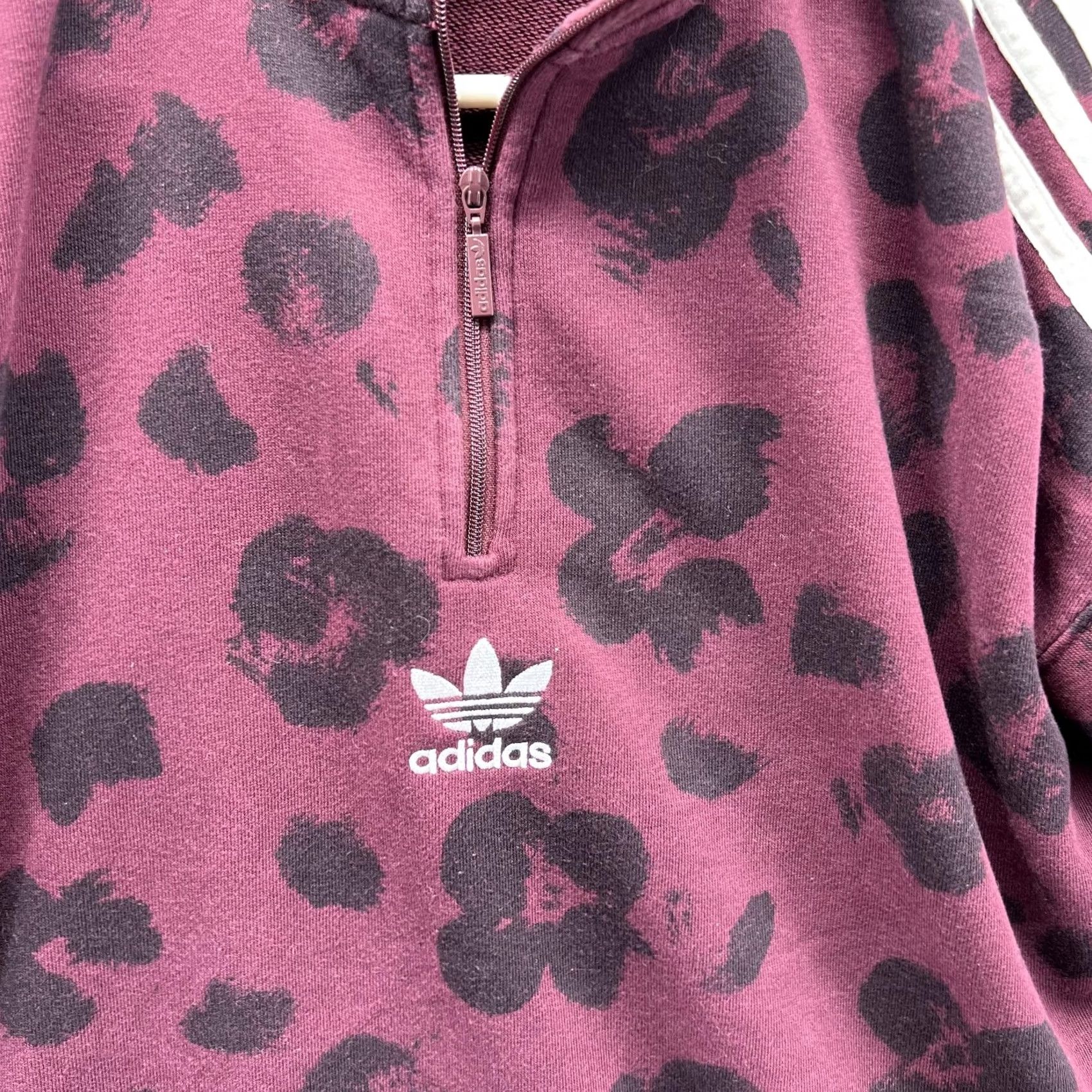 Adidas Adidas Sweater Women XS Burgundy 1/4 Zip Cropped Jacket Floral Trefoil Size XS / US 0-2 / IT 36-38 - 4 Thumbnail