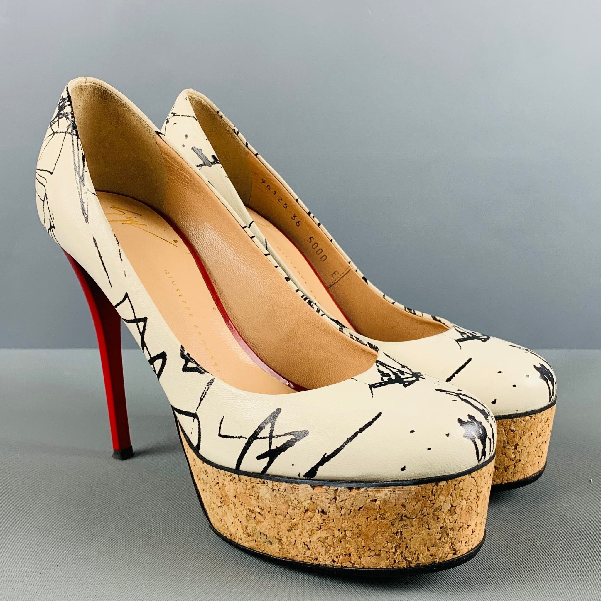 image of Giuseppe Zanotti Cream Black Leather Marbled Platform Pumps Shoes, Women's (Size 6)