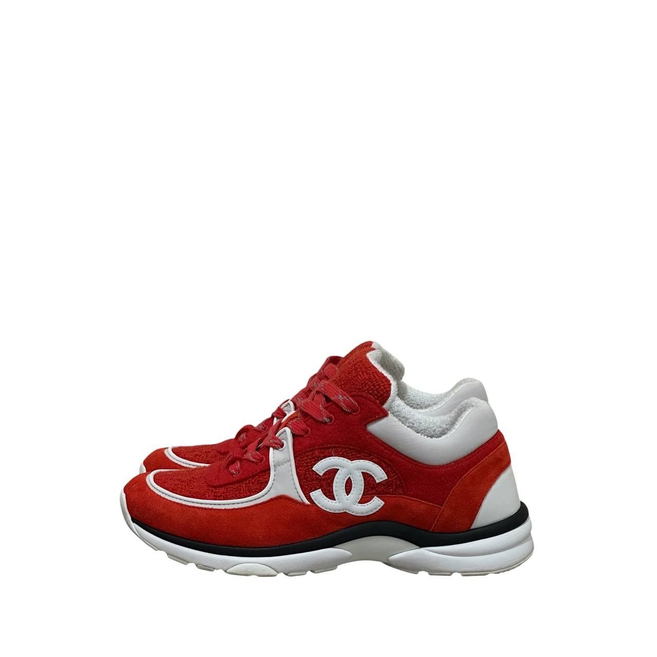 Chanel Chanel CC Logo Red Suede & Tweed Sneakers Size 39.5 Size US 8.5 / IT 38.5 - 1 Thumbnail