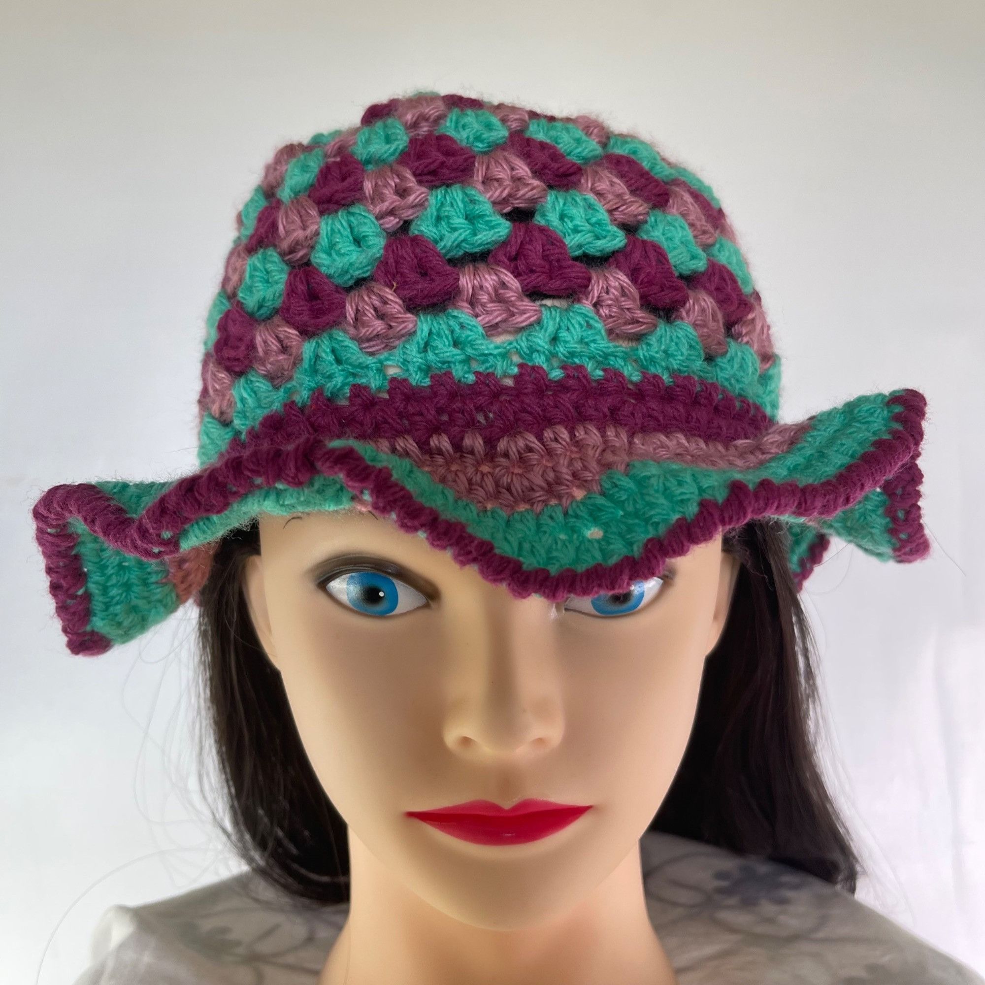 Handmade Crochet Bucket Hat Granny Square Pattern Teal and Mauve Adul Size ONE SIZE - 1 Thumbnail